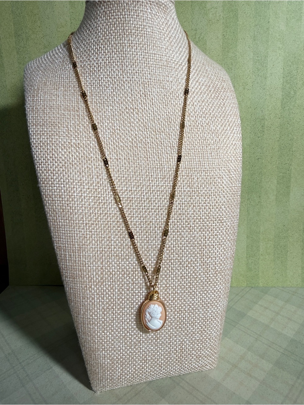 Gold pink on white Cameo Pendant Necklace gold over stainless chain